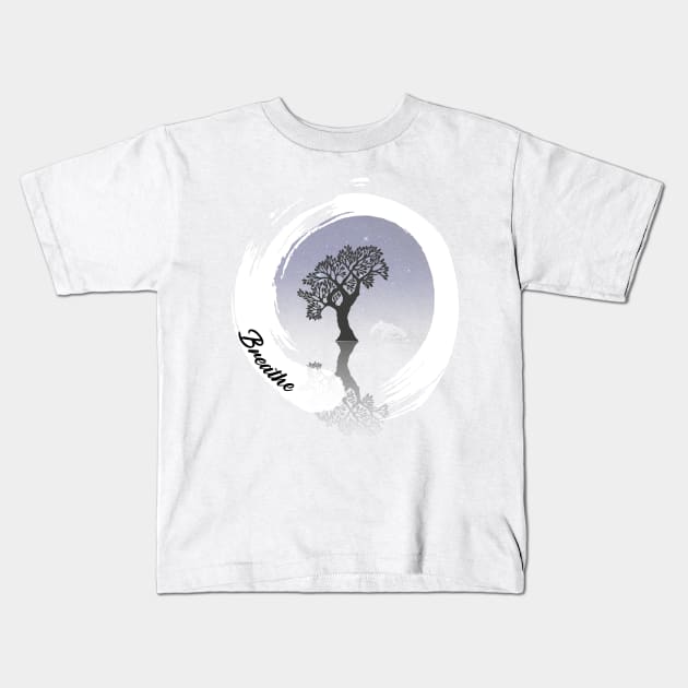 Zen like circle with tree dolphin night sky and text Breathe, yoga Kids T-Shirt by CHNSHIRT